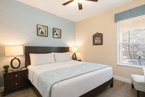 The First Floor King Bedroom with 32 inch HD TV with internet apps, Blu-Ray DVD player, Pillow Top Memory Foam Mattress & Ceiling Fan